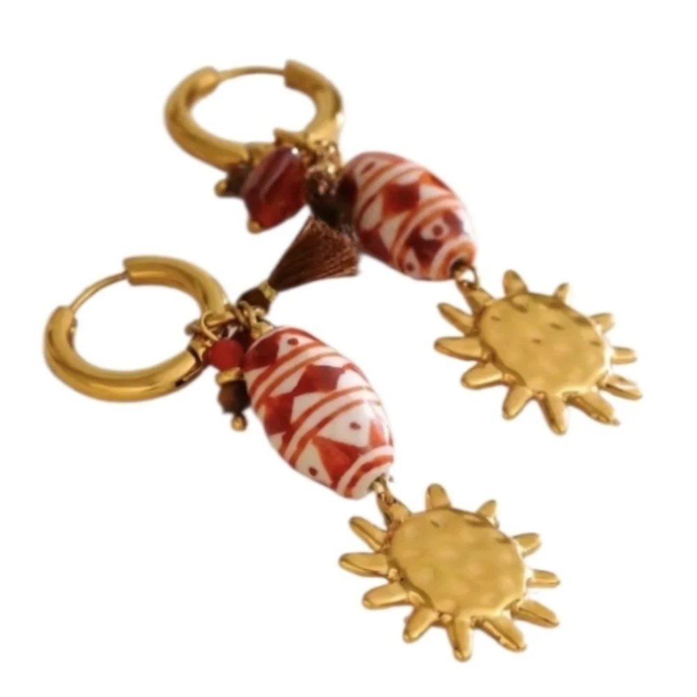 Sun Charm Huggie Hoop Earrings With Ceramic Beads | NWOT